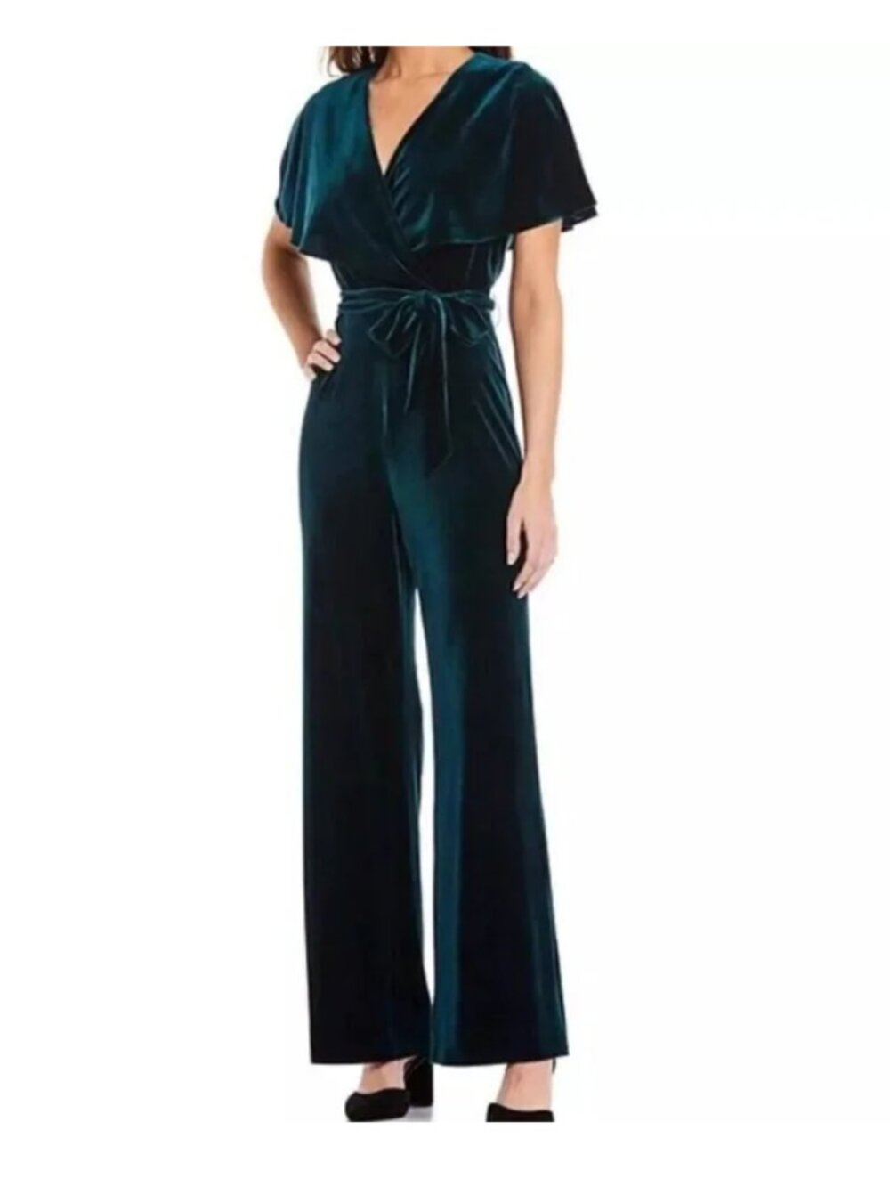 NWT Alex Marie Capelet Cape Green Velvet V-Neck‎ Jumpsuit Wide Leg Formal Size 4
